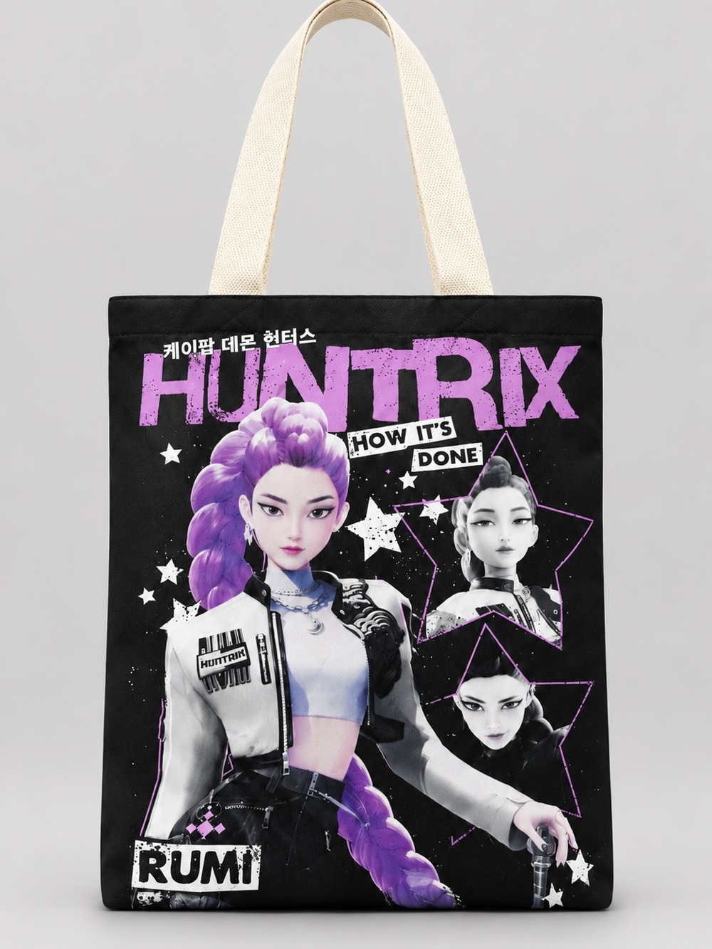 KPop Demon Hunters Rumi HUNTRIX Tote Bag – Black & Purple with Cream Handles